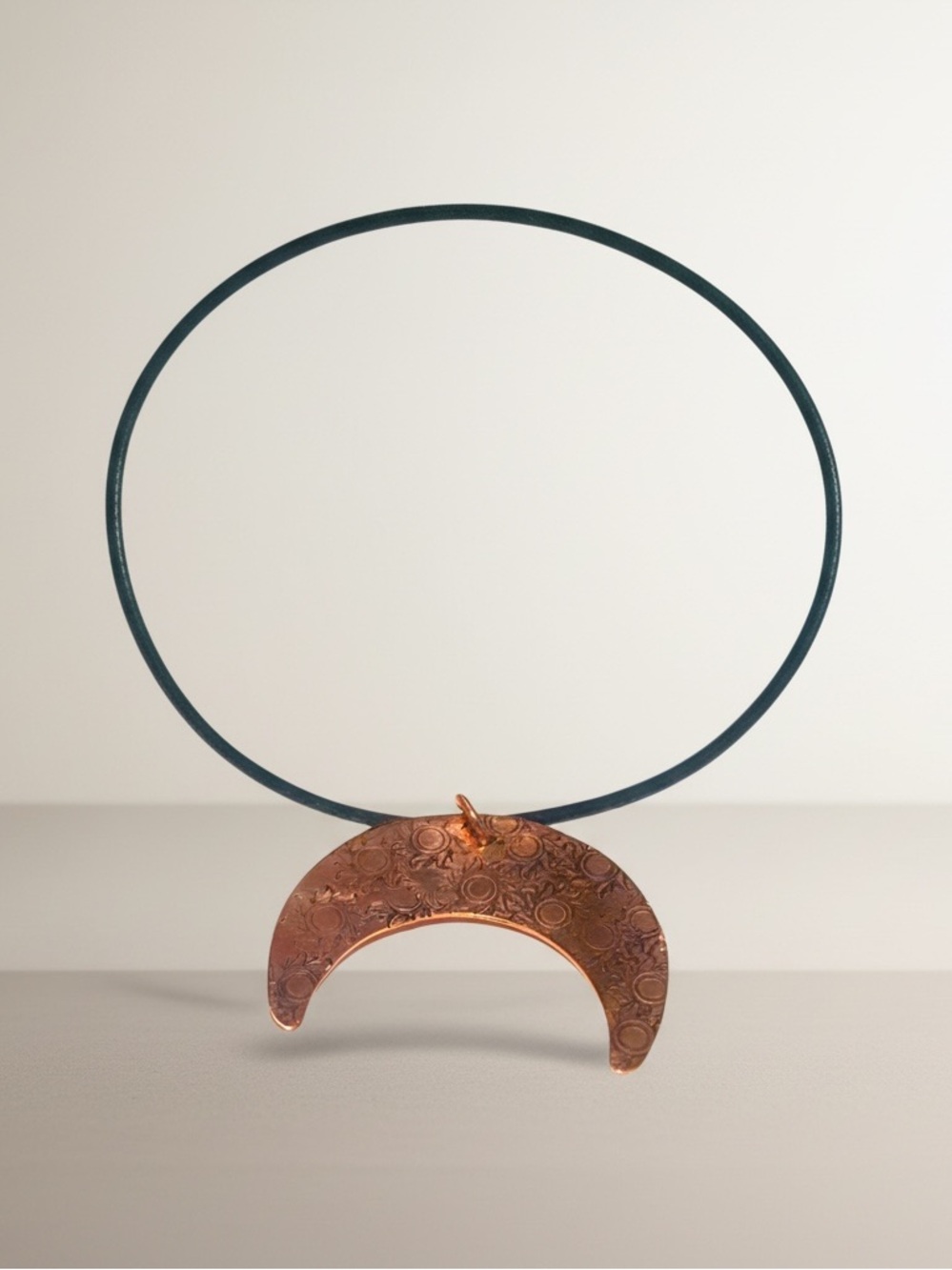 Handmade stamped‎ copper celestial mandala pattern black leather cord necklace